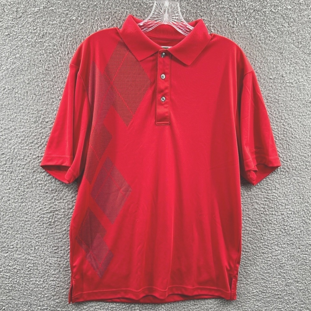 Mens Performance Golf Polo Shirt M Red Geometric Print Moisture Wicking Athletic